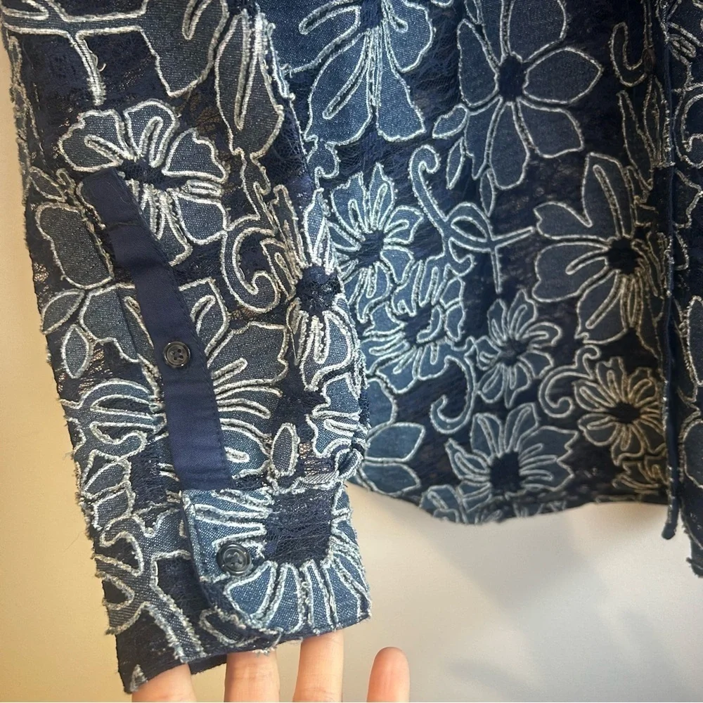 Pilcro Anthropologie Navy Blue Sheer Lace Button Down Shirt Size XS